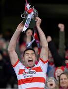 14 January 2023; Ballygiblin captain Fionn Herlihy lifts the cup after his side's victory in the AIB GAA Hurling All-Ireland Junior Championship Final match between Ballygiblin of Cork and Easkey of Sligo at Croke Park in Dublin. Photo by Piaras Ó Mídheach/Sportsfile