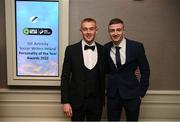 14 January 2023; Dundalk's Nathan Shepperd and Daniel Kelly during the SSE Airtricity / Soccer Writers Ireland Awards 2022 at The Clayton Hotel in Dublin. Photo by Stephen McCarthy/Sportsfile