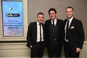 14 January 2023; Republic of Ireland staff, from left, athletic therapist Sam Rice, coach Keith Andrews and head of athletic performance Damien Doyle during the SSE Airtricity / Soccer Writers Ireland Awards 2022 at The Clayton Hotel in Dublin. Photo by Stephen McCarthy/Sportsfile