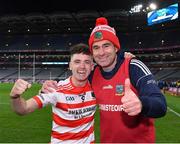 14 January 2023; Ballygiblin manager Dave Moher and Killian Roche of Ballygiblin celebrate after their side's victory in the AIB GAA Hurling All-Ireland Junior Championship Final match between Ballygiblin of Cork and Easkey of Sligo at Croke Park in Dublin. Photo by Piaras Ó Mídheach/Sportsfile