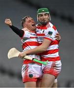 14 January 2023; Ballygiblin players Joseph O'Sullivan, left, and Mark Keane celebrate after their side's victory in the AIB GAA Hurling All-Ireland Junior Championship Final match between Ballygiblin of Cork and Easkey of Sligo at Croke Park in Dublin. Photo by Piaras Ó Mídheach/Sportsfile