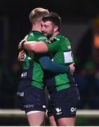 14 January 2023; Conor Fitzgerald of Connacht celebrates with teammate Dylan Tierney-Martin after scoring their side's eighth try during the EPCR Challenge Cup Pool A Round 3 match between Connacht and CA Brive at The Sportsground in Galway. Photo by Ben McShane/Sportsfile