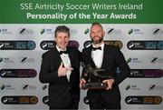 14 January 2023; Goalkeeper of the Year award winner Alan Mannus of Shamrock Rovers and former Shamrock Rovers goalkeeper Alan O'Neill during the SSE Airtricity / Soccer Writers Ireland Awards 2022 at The Clayton Hotel in Dublin. Photo by Stephen McCarthy/Sportsfile