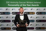 14 January 2023; Goalkeeper of the Year award winner Alan Mannus of Shamrock Rovers poses with the trophy during the SSE Airtricity / Soccer Writers Ireland Awards 2022 at The Clayton Hotel in Dublin. Photo by Stephen McCarthy/Sportsfile