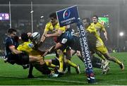 14 January 2023; Brice Dulin of La Rochelle is tackled into touch by Jacob Stockdale of Ulster during the Heineken Champions Cup Pool B Round 3 match between La Rochelle and Ulster at Stade Marcel Deflandre in La Rochelle, France. Photo by Ramsey Cardy/Sportsfile