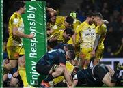14 January 2023; La Rochelle players celebrate a try scored by Joel Sclavi during the Heineken Champions Cup Pool B Round 3 match between La Rochelle and Ulster at Stade Marcel Deflandre in La Rochelle, France. Photo by Ramsey Cardy/Sportsfile