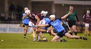 14 January 2023; Jason Flynn of Galway in action against Conor Donoghue of Dublin during the Walsh Cup Group 1 Round 2 match between Dublin and Galway at Parnell Park in Dublin. Photo by Daire Brennan/Sportsfile