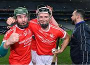 14 January 2023; Monaleen players David Moloney, left, and Lorcan Lyons celebrate after their side's victory in the AIB GAA Hurling All-Ireland Intermediate Championship Final match between Monaleen of Limerick and Tooreen of Mayo at Croke Park in Dublin. Photo by Piaras Ó Mídheach/Sportsfile