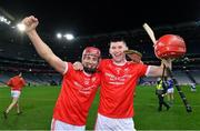 14 January 2023; Monaleen players Luke Murphy, left, and Bryan Canny celebrate after their side's victory in the AIB GAA Hurling All-Ireland Intermediate Championship Final match between Monaleen of Limerick and Tooreen of Mayo at Croke Park in Dublin. Photo by Piaras Ó Mídheach/Sportsfile