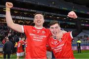 14 January 2023; Monaleen players Leo Morrison, left, and Max Ivory celebrates after his side's victory in the AIB GAA Hurling All-Ireland Intermediate Championship Final match between Monaleen of Limerick and Tooreen of Mayo at Croke Park in Dublin. Photo by Piaras Ó Mídheach/Sportsfile