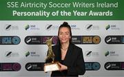 14 January 2023; Pearl Slattery of Shelbourne poses with the Women's Personality of the Year award during the SSE Airtricity / Soccer Writers Ireland Awards 2022 at The Clayton Hotel in Dublin. Photo by Stephen McCarthy/Sportsfile