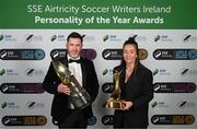 14 January 2023; Men's Personality of the Year recipient Shamrock Rovers manager Stephen Bradley and Women's Personality of the Year recipient Pearl Slattery of Shelbourne pose with their awards during the SSE Airtricity / Soccer Writers Ireland Awards 2022 at The Clayton Hotel in Dublin. Photo by Stephen McCarthy/Sportsfile