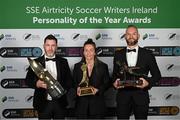 14 January 2023; Men's Personality of the Year recipient Shamrock Rovers manager Stephen Bradley, left, Women's Personality of the Year recipient Pearl Slattery of Shelbourne and Goalkeeper of the Year recipient Alan Mannus of Shamrock Rovers, right, pose with their awards during the SSE Airtricity / Soccer Writers Ireland Awards 2022 at The Clayton Hotel in Dublin. Photo by Stephen McCarthy/Sportsfile