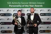 14 January 2023; Men's Personality of the Year recipient Shamrock Rovers manager Stephen Bradley, left, and Goalkeeper of the Year recipient Alan Mannus of Shamrock Rovers pose with their awards during the SSE Airtricity / Soccer Writers Ireland Awards 2022 at The Clayton Hotel in Dublin. Photo by Stephen McCarthy/Sportsfile