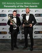 14 January 2023; Men's Personality of the Year recipient Shamrock Rovers manager Stephen Bradley, left, and Goalkeeper of the Year recipient Alan Mannus of Shamrock Rovers pose with their awards during the SSE Airtricity / Soccer Writers Ireland Awards 2022 at The Clayton Hotel in Dublin. Photo by Stephen McCarthy/Sportsfile