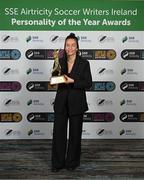 14 January 2023; Pearl Slattery of Shelbourne poses with the Women's Personality of the Year award during the SSE Airtricity / Soccer Writers Ireland Awards 2022 at The Clayton Hotel in Dublin. Photo by Stephen McCarthy/Sportsfile