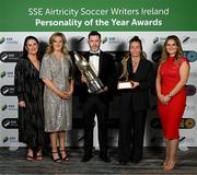 14 January 2023; Men's Personality of the Year award recipient Shamrock Rovers manager Stephen Bradley and Women's Personality of the Year award recipient Pearl Slattery of Shelbourne with, from left, SSE Airtricity marketing executive Ruth Rapple, SSE Airtricity sponsorship and marketing manager Leanne Sheill and SSE Airtricity brand, advertising and sponsorship lead Ashley Morrow during the SSE Airtricity / Soccer Writers Ireland Awards 2022 at The Clayton Hotel in Dublin. Photo by Stephen McCarthy/Sportsfile