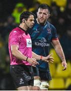 14 January 2023; Alan O'Connor of Ulster speaks to Referee Nika Amashukeli during the Heineken Champions Cup Pool B Round 3 match between La Rochelle and Ulster at Stade Marcel Deflandre in La Rochelle, France. Photo by Ramsey Cardy/Sportsfile