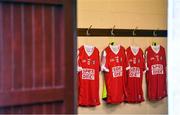 15 January 2023; A general view of Cork jerseys hanging in the dressing room before the Co-Op Superstores Munster Hurling League Group 2 match between Cork and Limerick at Páirc Ui Rinn in Cork. Photo by Eóin Noonan/Sportsfile