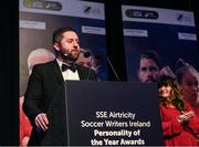 14 January 2023; MC Nathan Murphy during the SSE Airtricity / Soccer Writers Ireland Awards 2022 at The Clayton Hotel in Dublin. Photo by Stephen McCarthy/Sportsfile