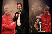 14 January 2023; Men's Personality of the Year recipient Shamrock Rovers manager Stephen Bradley during the SSE Airtricity / Soccer Writers Ireland Awards 2022 at The Clayton Hotel in Dublin. Photo by Stephen McCarthy/Sportsfile