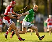 15 January 2023; Richie English of Limerick in action against Brian Hayes of Cork during the Co-Op Superstores Munster Hurling League Group 2 match between Cork and Limerick at Páirc Ui Rinn in Cork. Photo by Eóin Noonan/Sportsfile