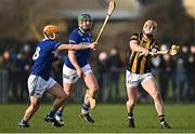 15 January 2023; Niall Brennan of Kilkenny in action against James Keyes, left, and William Dunphy of Laois during the Walsh Cup Group 2 Round 2 match between Laois and Kilkenny at Kelly Daly Park in Rathdowney, Laois. Photo by Sam Barnes/Sportsfile