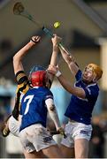 15 January 2023; John Donnelly of Kilkenny in action against Padraig Delaney, right, and Fiachra Fennell of Laois during the Walsh Cup Group 2 Round 2 match between Laois and Kilkenny at Kelly Daly Park in Rathdowney, Laois. Photo by Sam Barnes/Sportsfile