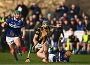15 January 2023; Paul Cody of Kilkenny in action against Padraig Delaney, right, and Ross King of Laois during the Walsh Cup Group 2 Round 2 match between Laois and Kilkenny at Kelly Daly Park in Rathdowney, Laois. Photo by Sam Barnes/Sportsfile