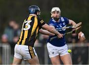 15 January 2023; Billy Drennan of Kilkenny scores his side's second goal despite the efforts of Ryan Mullaney of Laois during the Walsh Cup Group 2 Round 2 match between Laois and Kilkenny at Kelly Daly Park in Rathdowney, Laois. Photo by Sam Barnes/Sportsfile
