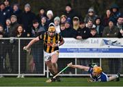 15 January 2023; Niall Brennan of Kilkenny in action against Padraig Delaney of Laois during the Walsh Cup Group 2 Round 2 match between Laois and Kilkenny at Kelly Daly Park in Rathdowney, Laois. Photo by Sam Barnes/Sportsfile