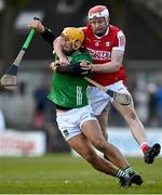15 January 2023; Tom Morrissey of Limerick is tackled by Conor O’Callaghan of Cork during the Co-Op Superstores Munster Hurling League Group 2 match between Cork and Limerick at Páirc Ui Rinn in Cork. Photo by Eóin Noonan/Sportsfile