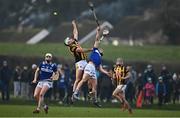 15 January 2023; Paddy Deegan of Kilkenny in action against Aidan Corby of Laois during the Walsh Cup Group 2 Round 2 match between Laois and Kilkenny at Kelly Daly Park in Rathdowney, Laois. Photo by Sam Barnes/Sportsfile