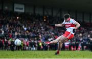 15 January 2023; Conor Doherty of Derry shoots to score the winning penalty in the penalty shootout after the Bank of Ireland Dr McKenna Cup Semi-Final match between Down and Derry at Pairc Esler in Newry, Down. Photo by Ben McShane/Sportsfile