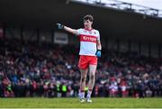 15 January 2023; Paul Cassidy of Derry celebrates after scoring a penalty in the penalty shootout after the Bank of Ireland Dr McKenna Cup Semi-Final match between Down and Derry at Pairc Esler in Newry, Down. Photo by Ben McShane/Sportsfile