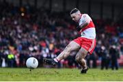15 January 2023; Niall Toner of Derry shoots to miss a penalty in the penalty shootout after the Bank of Ireland Dr McKenna Cup Semi-Final match between Down and Derry at Pairc Esler in Newry, Down. Photo by Ben McShane/Sportsfile