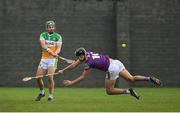 15 January 2023; David King of Offaly in action against Jack O’Connor of Wexford during the Walsh Cup Group 2 Round 2 match between Offaly and Wexford at St Brendan's Park in Birr, Offaly. Photo by Seb Daly/Sportsfile