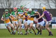15 January 2023; Paddy Delaney of Offaly in action against Charlie McGuckin of Wexford during the Walsh Cup Group 2 Round 2 match between Offaly and Wexford at St Brendan's Park in Birr, Offaly. Photo by Seb Daly/Sportsfile