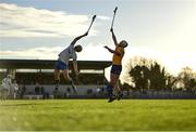 15 January 2023; Paddy Leavey of Waterford and Diarmuid Ryan of Clare contest a dropping ball during the Co-Op Superstores Munster Hurling League Group 1 match between Clare and Waterford at Cusack Park in Ennis, Clare. Photo by Brendan Moran/Sportsfile