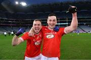 15 January 2023; Rathmore players George O'Keeffe, left, and Paul Murphy celebrate after their side's victory in the AIB GAA Football All-Ireland Intermediate Championship Final match between Galbally Pearses of Tyrone and Rathmore of Kerry at Croke Park in Dublin. Photo by Piaras Ó Mídheach/Sportsfile