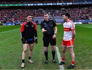 15 January 2023; Referee Thomas Murphy with team captains Paudie Clifford of Fossa and Mark Rooney of Stewartstown Harps before the AIB GAA Football All-Ireland Junior Championship Final match between Fossa of Kerry and Stewartstown Harps of Tyrone at Croke Park in Dublin. Photo by Piaras Ó Mídheach/Sportsfile