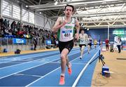 14 January 2023; Sean Cotter of Craughwell AC, Galway, competes in the under 23 men's 1500m during the 123.ie National Junior and U23 Indoor Athletics Championships at the National Indoor Arena in Dublin. Photo by Sam Barnes/Sportsfile