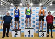 14 January 2023; Athletics Ireland president John Cronin, left, and Ireland U23 European Cross Country team member Keelan Kilrehill, right with junior men's 1500m medallists, Louie Woodger of Metro/St Brigids AC, Dublin, gold, Cian Gorham of St Peter's AC, Louth, silver, and Cian Hodgins of Nenagh Olympic AC, Tipperary, bronze, during the 123.ie National Junior and U23 Indoor Athletics Championships at the National Indoor Arena in Dublin. Photo by Sam Barnes/Sportsfile