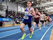 14 January 2023; Sean McGinley of Finn Valley AC, Donegal, leads the field on his way to winning the under 23 men's 1500m during the 123.ie National Junior and U23 Indoor Athletics Championships at the National Indoor Arena in Dublin. Photo by Sam Barnes/Sportsfile