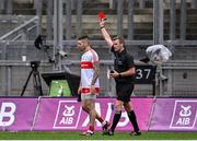 15 January 2023; Anton Coyle of Stewartstown Harps is shown the red card by referee Thomas Murphy during the AIB GAA Football All-Ireland Junior Championship Final match between Fossa of Kerry and Stewartstown Harps of Tyrone at Croke Park in Dublin. Photo by Piaras Ó Mídheach/Sportsfile