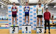 14 January 2023; Ireland U23 men's cross country team member Keelan Kilrehill, rightm with under 23 men's 1500m medallists, Sean McGinley of Finn Valley AC, Donegal, gold, Colin Smith of Mullingar Harriers AC, silver, and Patrick Noonan of Craughwell AC, Galway, bronze, during the 123.ie National Junior and U23 Indoor Athletics Championships at the National Indoor Arena in Dublin. Photo by Sam Barnes/Sportsfile