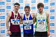 14 January 2023; Under 23 men's 1500m medallists, Sean McGinley of Finn Valley AC, Donegal, gold, Colin Smith of Mullingar Harriers AC, silver, and Patrick Noonan of Craughwell AC, Galway, bronze, during the 123.ie National Junior and U23 Indoor Athletics Championships at the National Indoor Arena in Dublin. Photo by Sam Barnes/Sportsfile