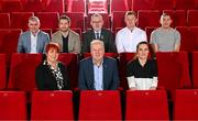 16 January 2023; At the launch of TG4's new series of Laochra Gael at Light House Cinema in Dublin, are, front row, from left, Áine Wall, Head of TG4 Alan Esslemont and Anne Dalton, with, back row, Liam Sheedy, Tom Parsons, Uachtarán Chumann Lúthchleas Gael Larry McCarthy, Joe Canning and Noel O'Leary. Photo by Stephen McCarthy/Sportsfile