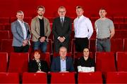 16 January 2023; At the launch of TG4's new series of Laochra Gael at Light House Cinema in Dublin, are, front row, from left, Áine Wall, Head of TG4 Alan Esslemont and Anne Dalton, with, back row, Liam Sheedy, Tom Parsons, Uachtarán Chumann Lúthchleas Gael Larry McCarthy, Joe Canning and Noel O'Leary. Photo by Stephen McCarthy/Sportsfile