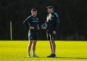 16 January 2023; Backs coach Andrew Goodman speaks with Luke McGrath during a Leinster Rugby squad training session at UCD in Dublin. Photo by Harry Murphy/Sportsfile